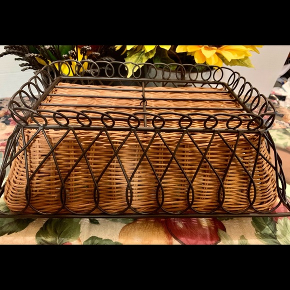 Vintage Hand Woven Reed Basket W/ Black Wrought Iron Stand. Rectangular - Picture 13 of 14